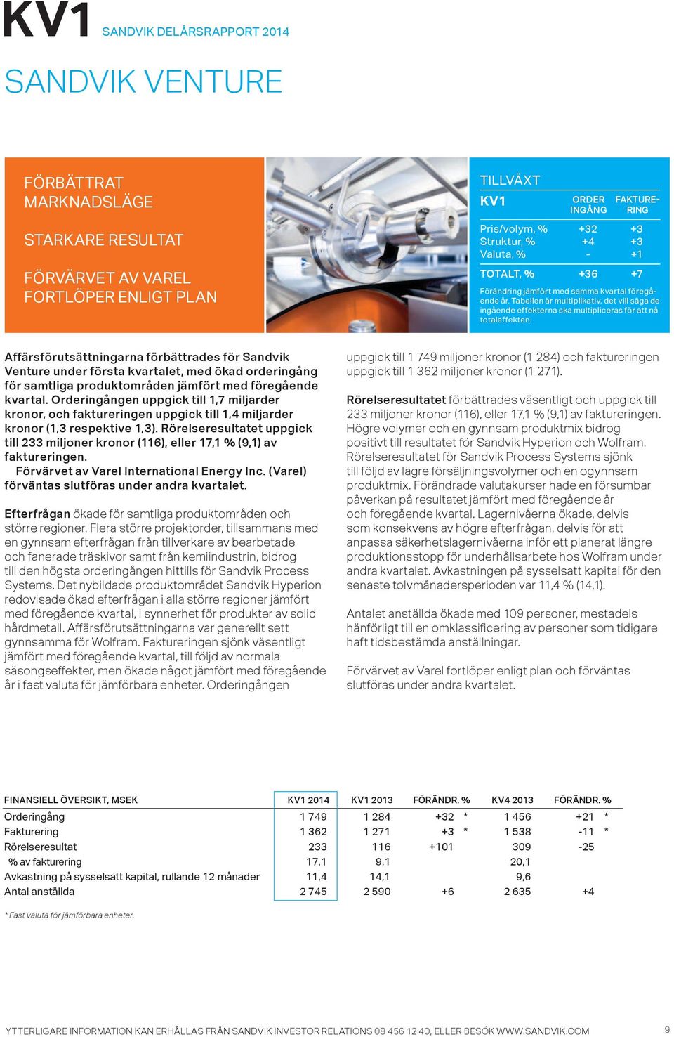 Affärsförutsättningarna förbättrades för Sandvik Venture under första kvartalet, med ökad orderingång för samtliga produktområden jämfört med föregående kvartal.