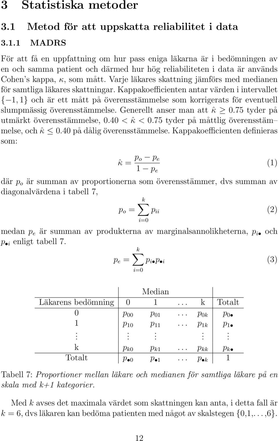 1 MADRS För att få en uppfattning om hur pass eniga läkarna är i bedömningen av en och samma patient och därmed hur hög reliabiliteten i data är används Cohen s kappa, κ, som mått.