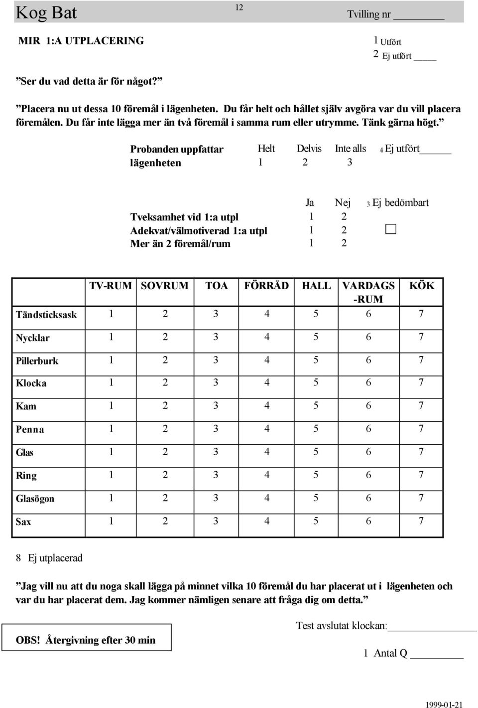Probanden uppfattar Helt Delvis Inte alls 4 Ej utfört lägenheten 1 2 3 Ja Nej 3 Ej bedömbart Tveksamhet vid 1:a utpl 1 2 Adekvat/välmotiverad 1:a utpl 1 2 Mer än 2 föremål/rum 1 2 TV-RUM SOVRUM TOA