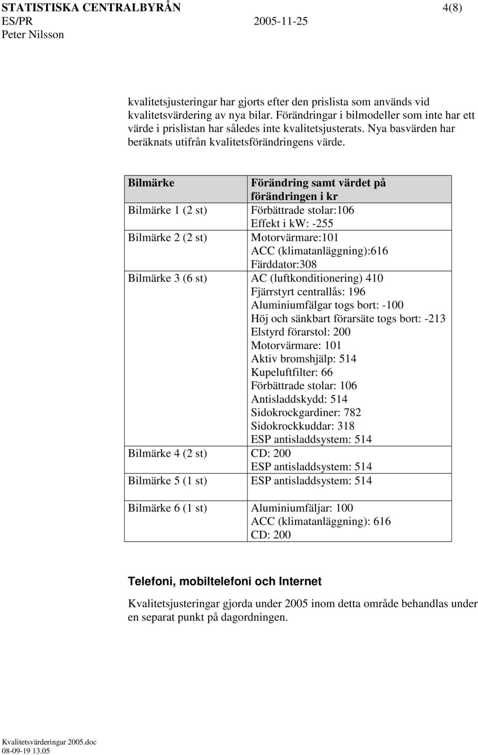 Bilmärke Förändring samt värdet på förändringen i kr Bilmärke (2 st) Förbättrade stolar:06 Effekt i kw: -255 Bilmärke 2 (2 st) Motorvärmare:0 ACC (klimatanläggning):66 Färddator:308 Bilmärke 3 (6 st)