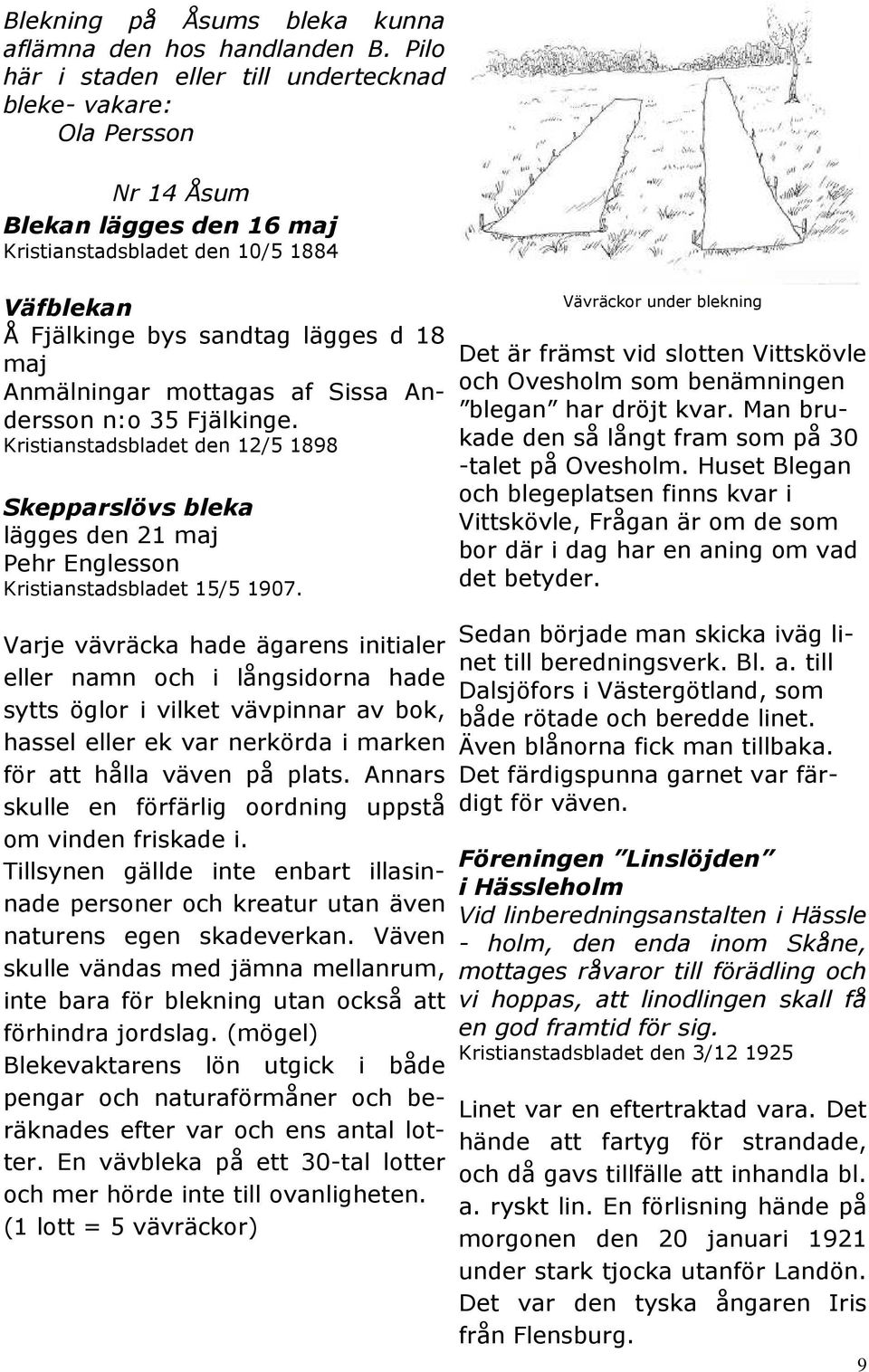 Anmälningar mottagas af Sissa Andersson n:o 35 Fjälkinge. Kristianstadsbladet den 12/5 1898 Skepparslövs bleka lägges den 21 maj Pehr Englesson Kristianstadsbladet 15/5 1907.