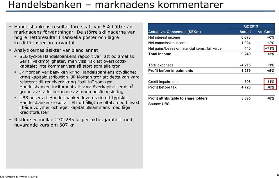 Ser tillväxtmöjligheter, men viss risk att överskottskapitalet inte kommer vara så stort som alla tror JP Morgan var besviken kring Handelsbankens otydlighet kring kapitaldistribution.