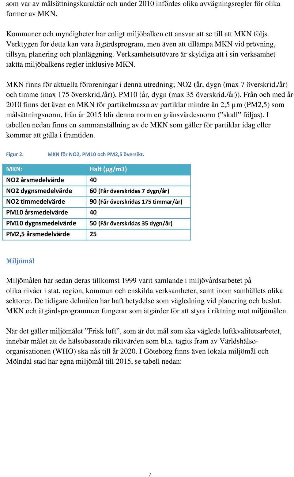 Verksamhetsutövare är skyldiga att i sin verksamhet iaktta miljöbalkens regler inklusive MKN. MKN finns för aktuella föroreningar i denna utredning; NO2 (år, dygn (max 7 överskrid.