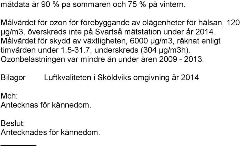 under år 2014. Målvärdet för skydd av växtligheten, 6000 µg/m3, räknat enligt timvärden under 1.5-31.