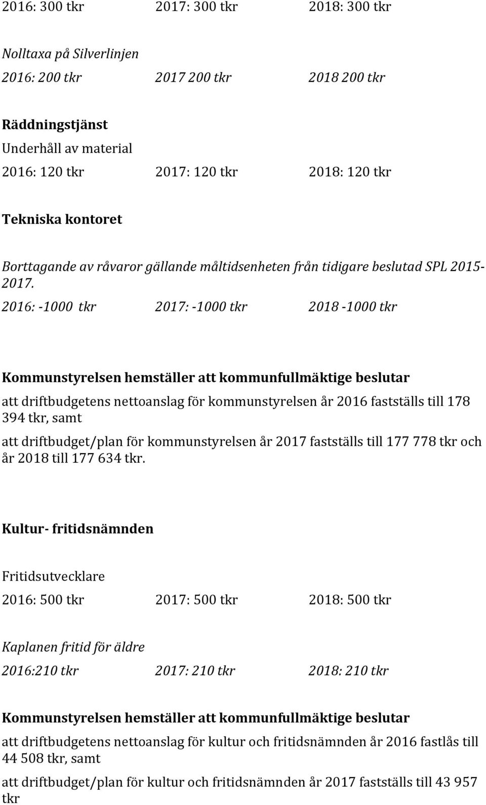 2016: -1000 tkr 2017: -1000 tkr 2018-1000 tkr Kommunstyrelsen hemställer att kommunfullmäktige beslutar att driftbudgetens nettoanslag för kommunstyrelsen år 2016 fastställs till 178 394 tkr, samt