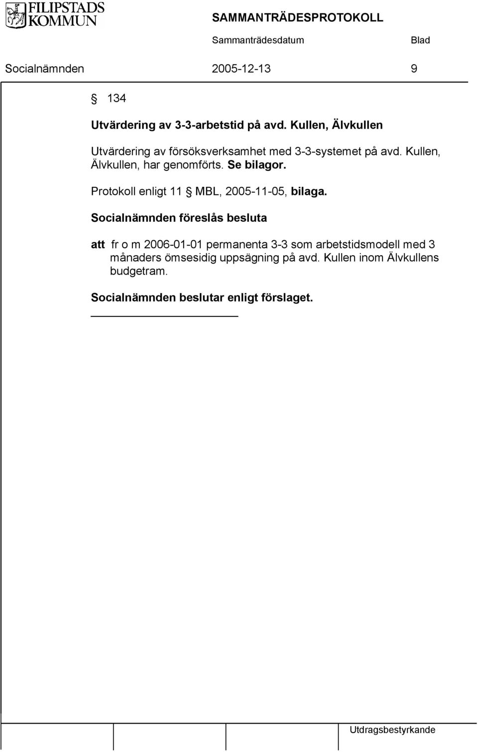 Kullen, Älvkullen, har genomförts. Se bilagor. Protokoll enligt 11 MBL, 2005-11-05, bilaga.