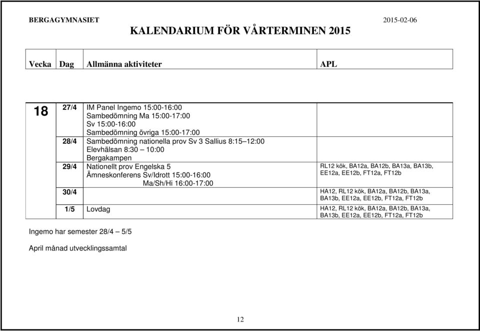 Ämneskonferens Sv/Idrott 15:00-16:00 Ma/Sh/Hi 16:00-17:00 RL12 kök, BA12a, BA12b, BA13a, BA13b, EE12a, EE12b, FT12a, FT12b 30/4