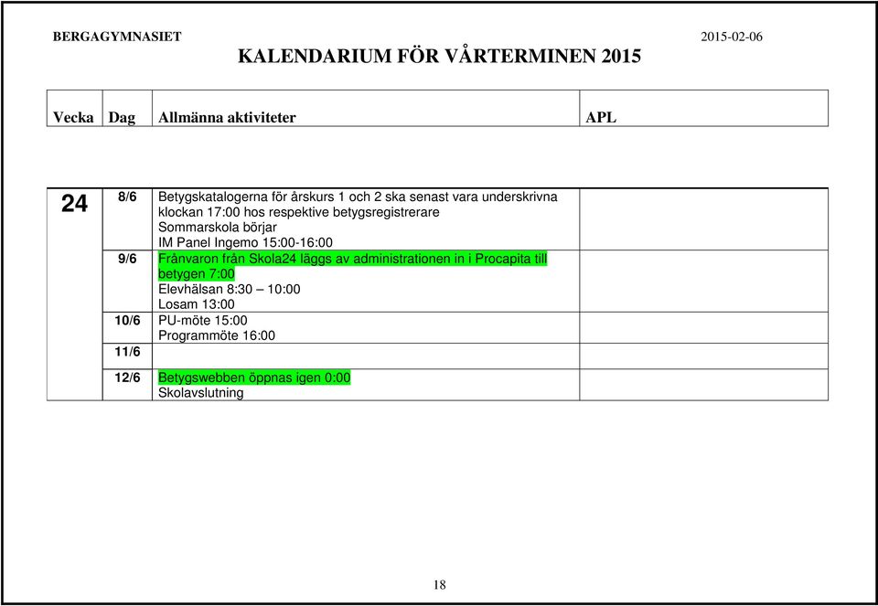 Skola24 läggs av administrationen in i Procapita till betygen 7:00 Elevhälsan 8:30 10:00 Losam