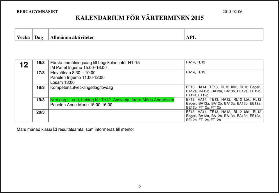 Ansvarig lärare Måns Andersson Panelen Anne-Marie 15:00-16:00 FT12a, FT12b BF13, HA14, TE13, HA12, RL12 kök, RL12 Bageri, BA12a, BA12b, BA13a, BA13b, EE12a, EE12b,