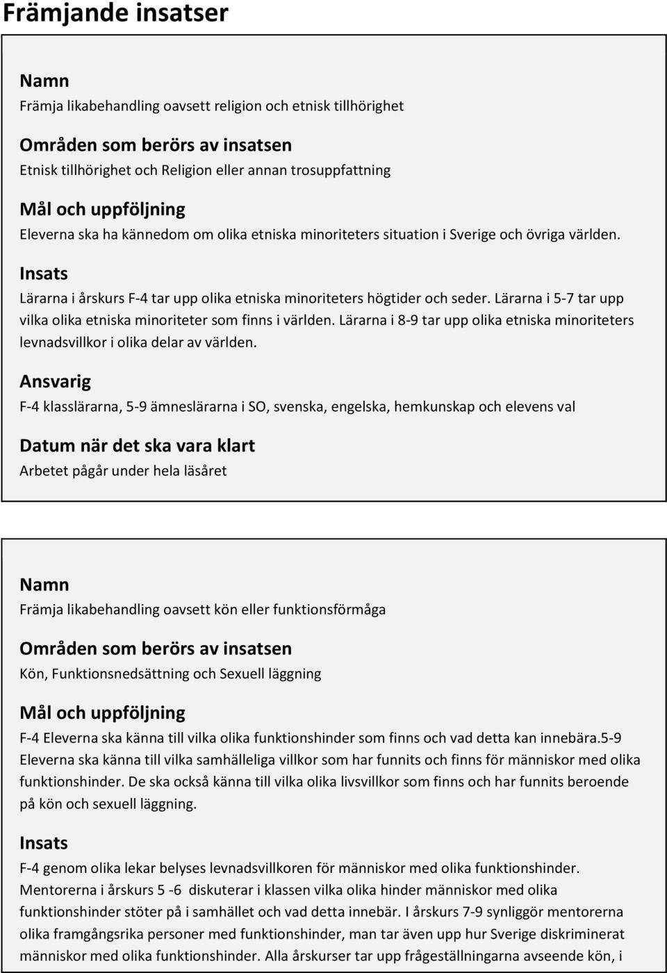 Lärarna i 5-7 tar upp vilka olika etniska minoriteter som finns i världen. Lärarna i 8-9 tar upp olika etniska minoriteters levnadsvillkor i olika delar av världen.