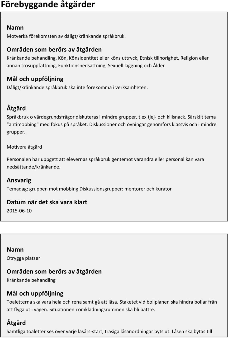 Mål och uppföljning Dåligt/kränkande språkbruk ska inte förekomma i verksamheten. Åtgärd Språkbruk o värdegrundsfrågor diskuteras i mindre grupper, t ex tjej- och killsnack.