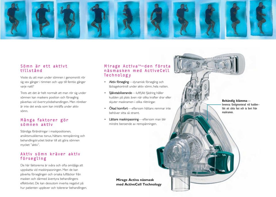 Många faktorer gör sömnen aktiv Ständiga förändringar i maskpositionen, ansiktsmusklernas tonus, hättans remspänning och behandlingstrycket bidrar till att göra sömnen mycket aktiv.