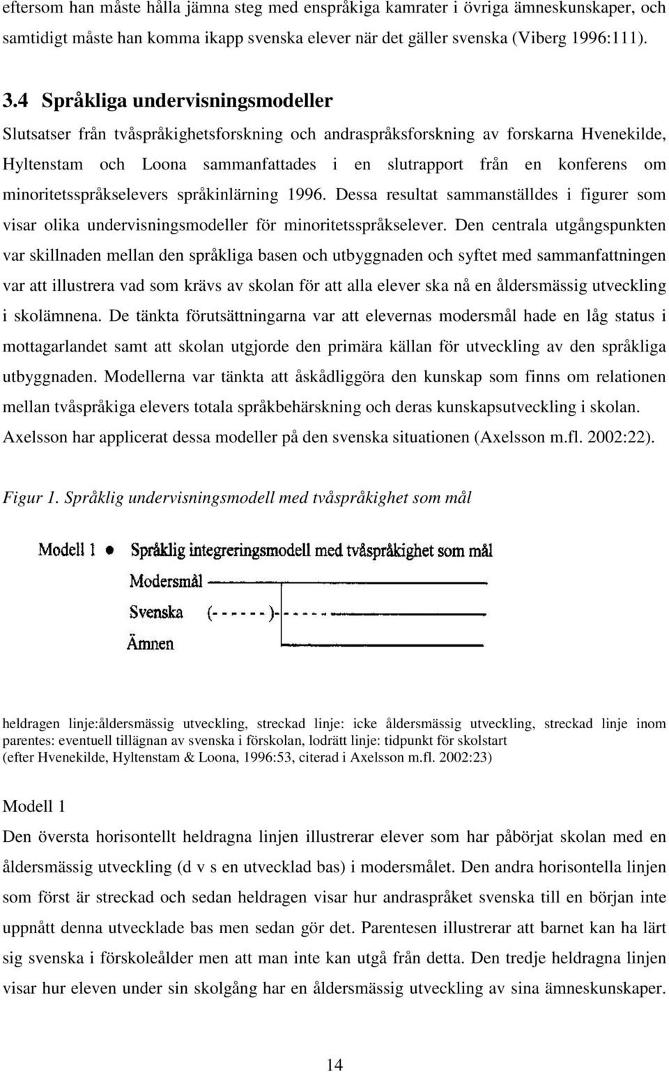 minoritetsspråkselevers språkinlärning 1996. Dessa resultat sammanställdes i figurer som visar olika undervisningsmodeller för minoritetsspråkselever.