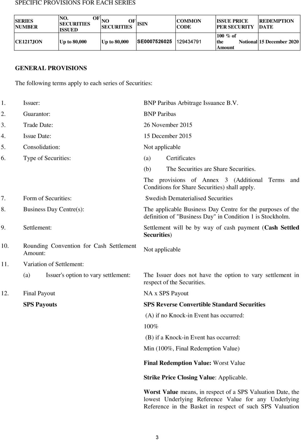 Amount GENERAL PROVISIONS The following terms apply to each series of Securities: 1. Issuer: BNP Paribas Arbitrage Issuance B.V. 2. Guarantor: BNP Paribas 3. Trade Date: 26 November 2015 4.