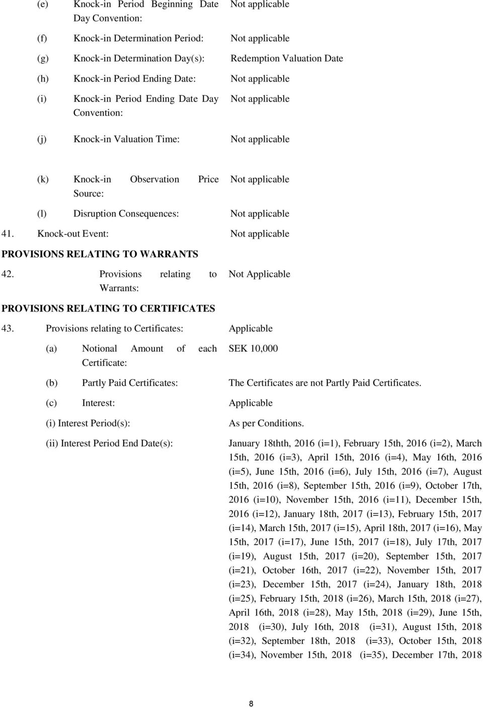 Disruption Consequences: Not applicable 41. Knock-out Event: Not applicable PROVISIONS RELATING TO WARRANTS 42. Provisions relating to Warrants: Not Applicable PROVISIONS RELATING TO CERTIFICATES 43.