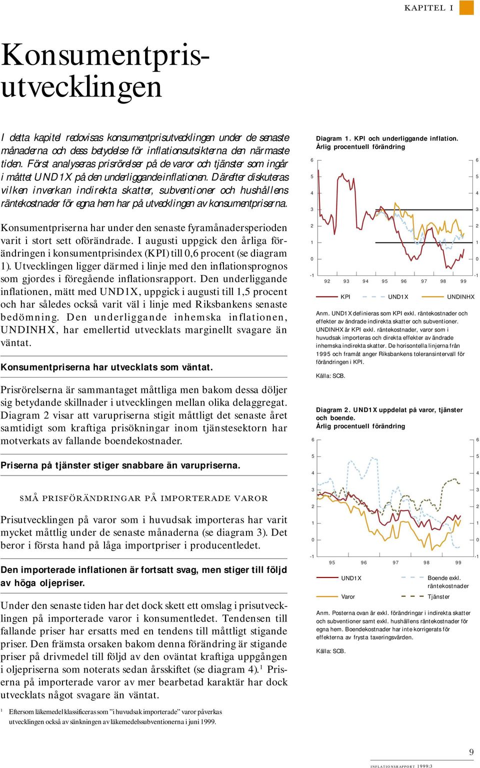 Därefter diskuteras vilken inverkan indirekta skatter, subventioner och hushållens räntekostnader för egna hem har på utvecklingen av konsumentpriserna. Diagram. KPI och underliggande inflation.