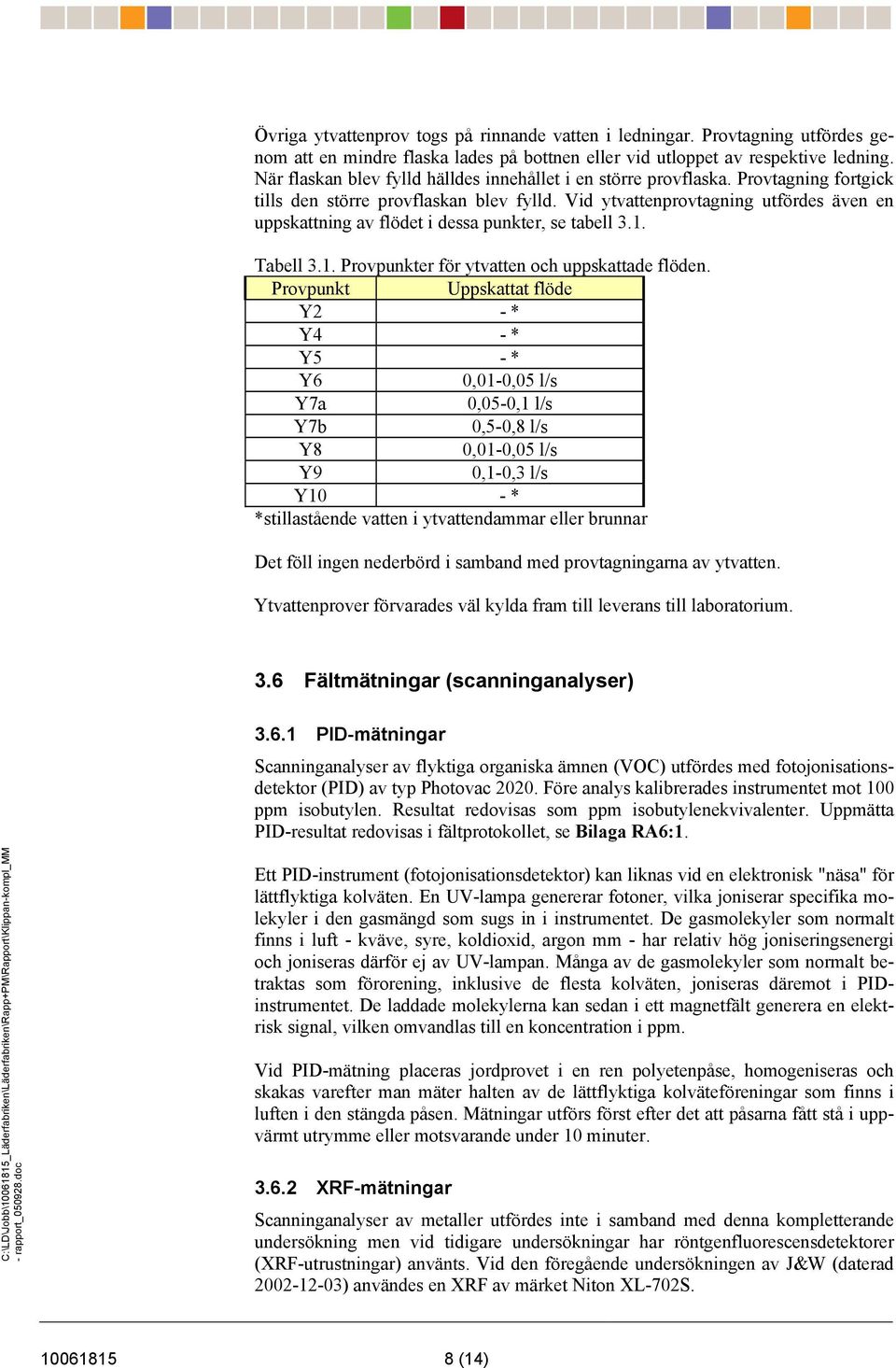 Vid ytvattenprovtagning utfördes även en uppskattning av flödet i dessa punkter, se tabell 3.1. Tabell 3.1. Provpunkter för ytvatten och uppskattade flöden.