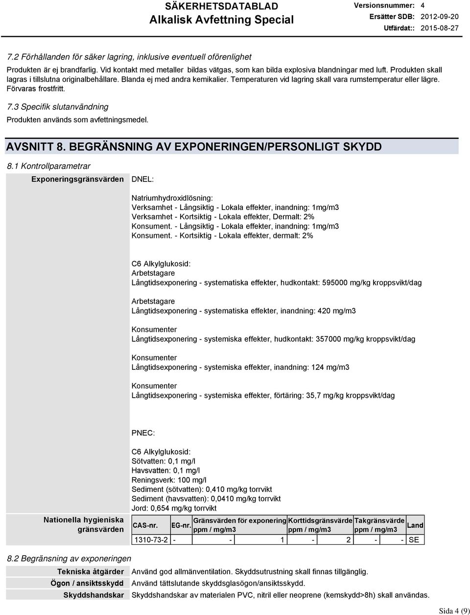 3 Specifik slutanvändning Produkten används som avfettningsmedel. AVSNITT 8. BEGRÄNSNING AV EXPONERINGEN/PERSONLIGT SKYDD 8.