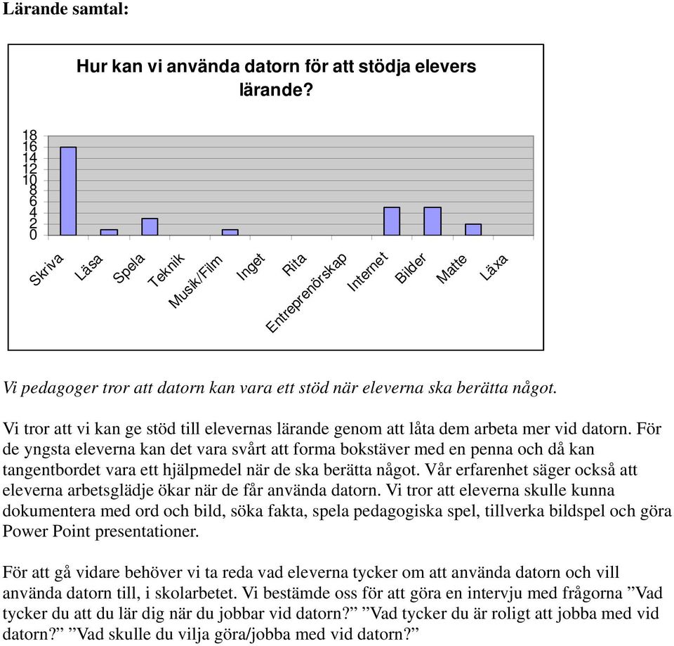 Vi tror att vi kan ge stöd till elevernas lärande genom att låta dem arbeta mer vid datorn.