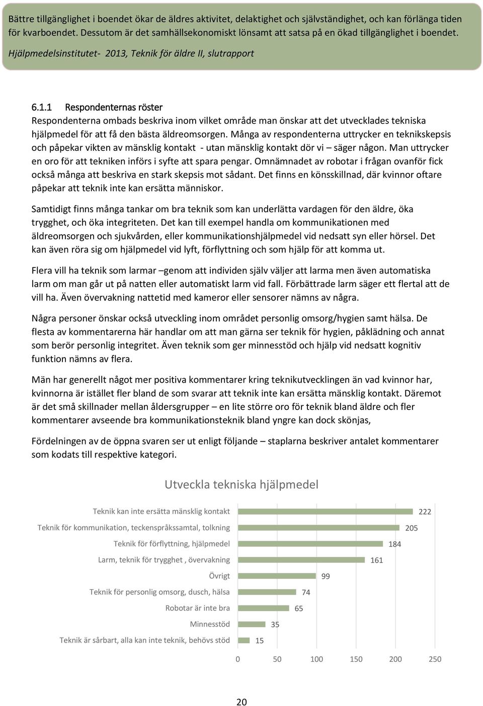 , Teknik för äldre II, slutrapport 6.1.1 Respondenternas röster Respondenterna ombads beskriva inom vilket område man önskar att det utvecklades tekniska hjälpmedel för att få den bästa äldreomsorgen.