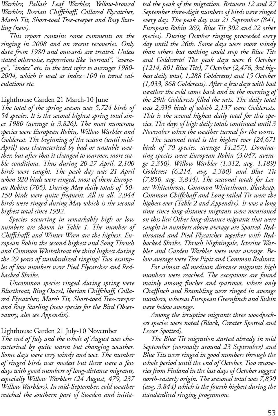 in the text refer to averages 1980-2004, which is used as index=100 in trend calculations etc. Lighthouse Garden 21 March-10 June The total of the spring season was 5,724 birds of 54 species.