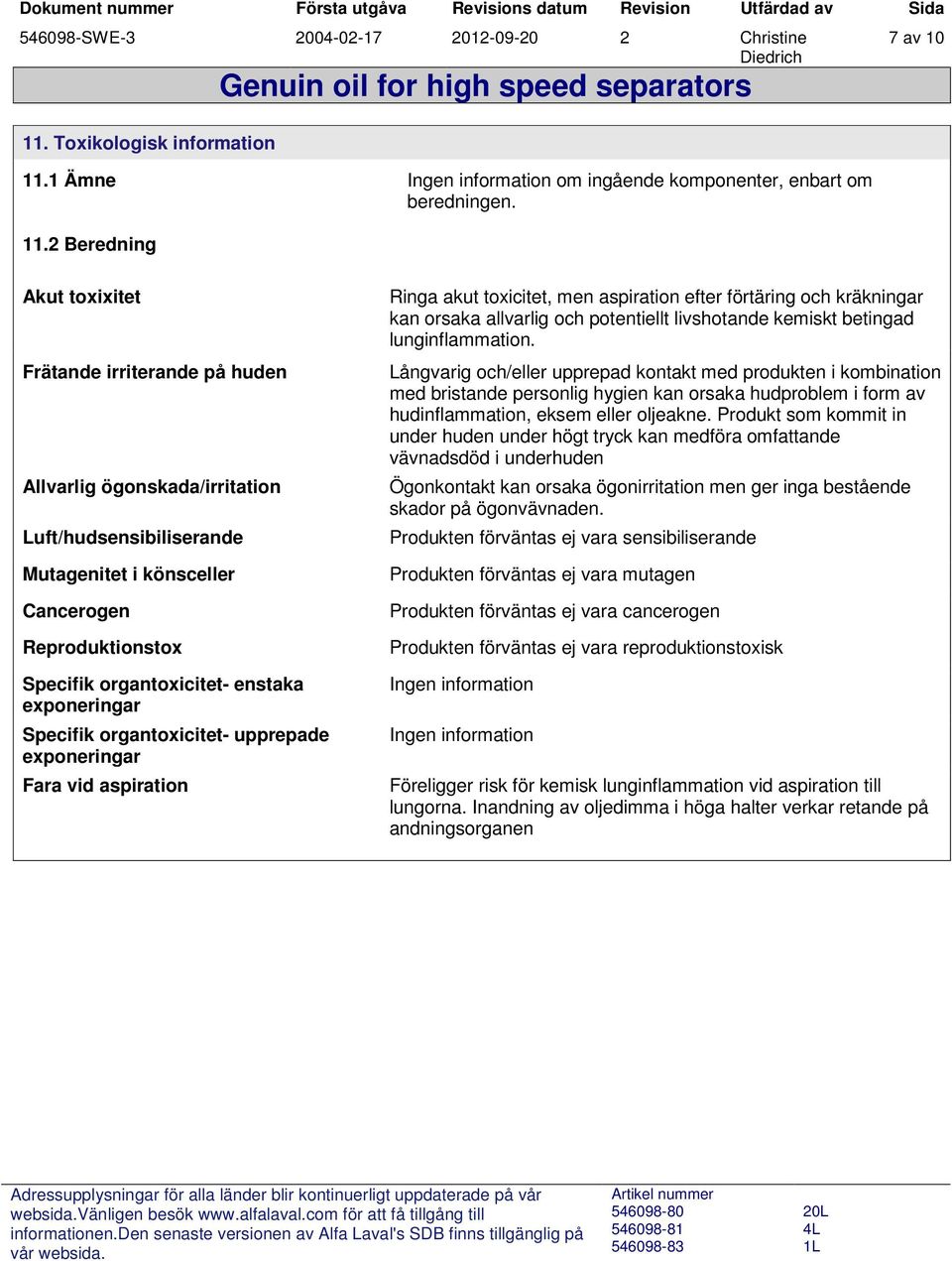 2 Beredning 7 av 10 Akut toxixitet Frätande irriterande på huden Allvarlig ögonskada/irritation Luft/hudsensibiliserande Mutagenitet i könsceller Cancerogen Reproduktionstox Specifik organtoxicitet-