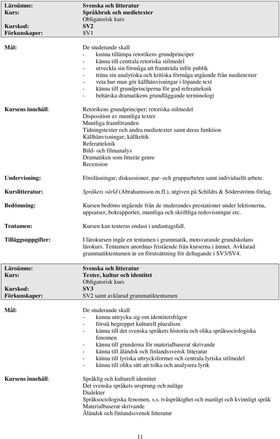 grundprinciperna för god referatteknik - behärska dramatikens grundläggande terminologi Retorikens grundprinciper; retoriska stilmedel Disposition av muntliga texter Muntliga framföranden