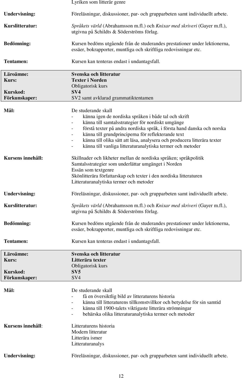 Svenska och litteratur Texter i Norden Obligatorisk kurs SV4 SV2 samt avklarad grammatiktentamen De studerande skall - känna igen de nordiska språken i både tal och skrift - känna till