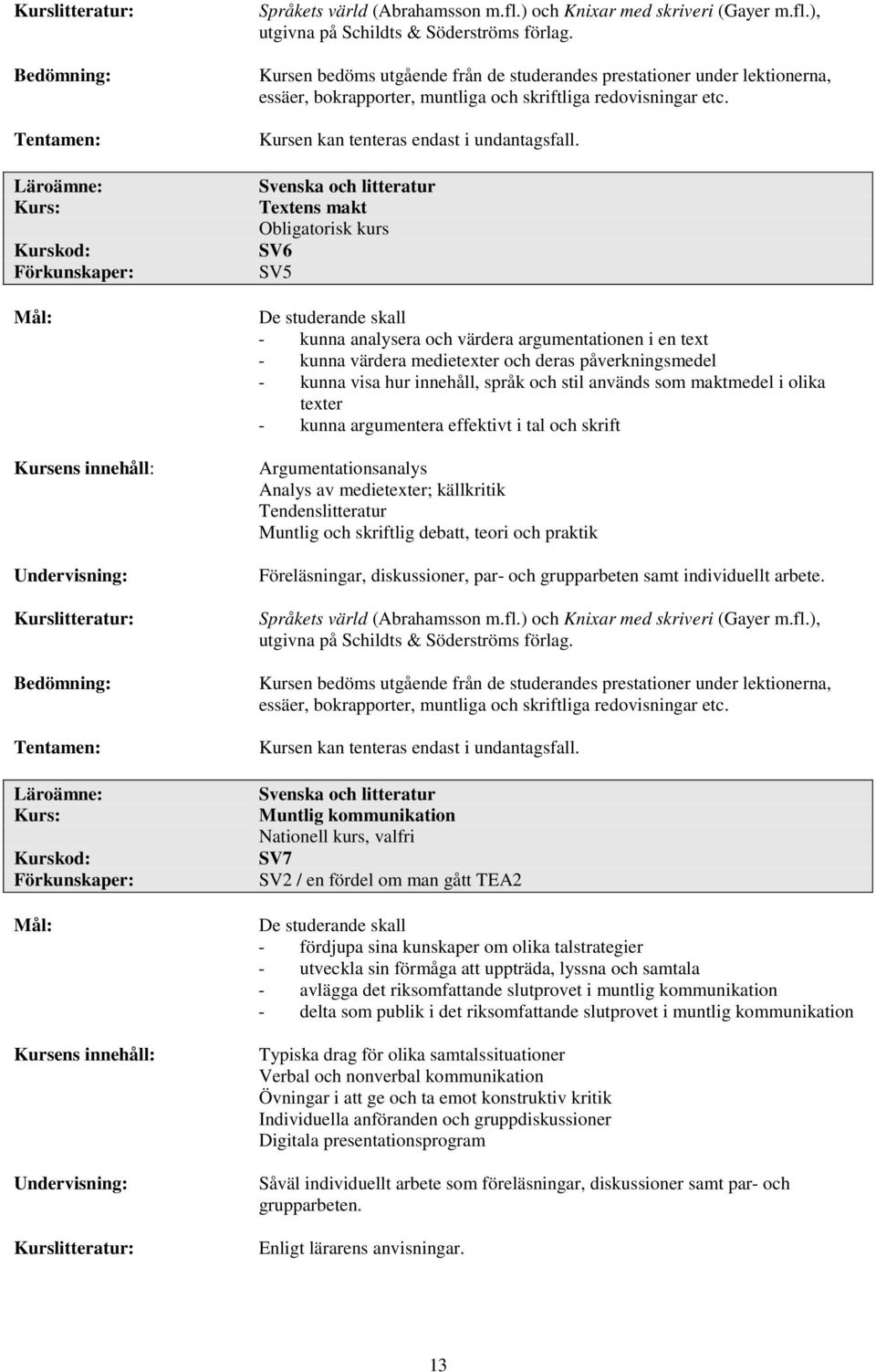 Svenska och litteratur Textens makt Obligatorisk kurs SV6 SV5 De studerande skall - kunna analysera och värdera argumentationen i en text - kunna värdera medietexter och deras påverkningsmedel -