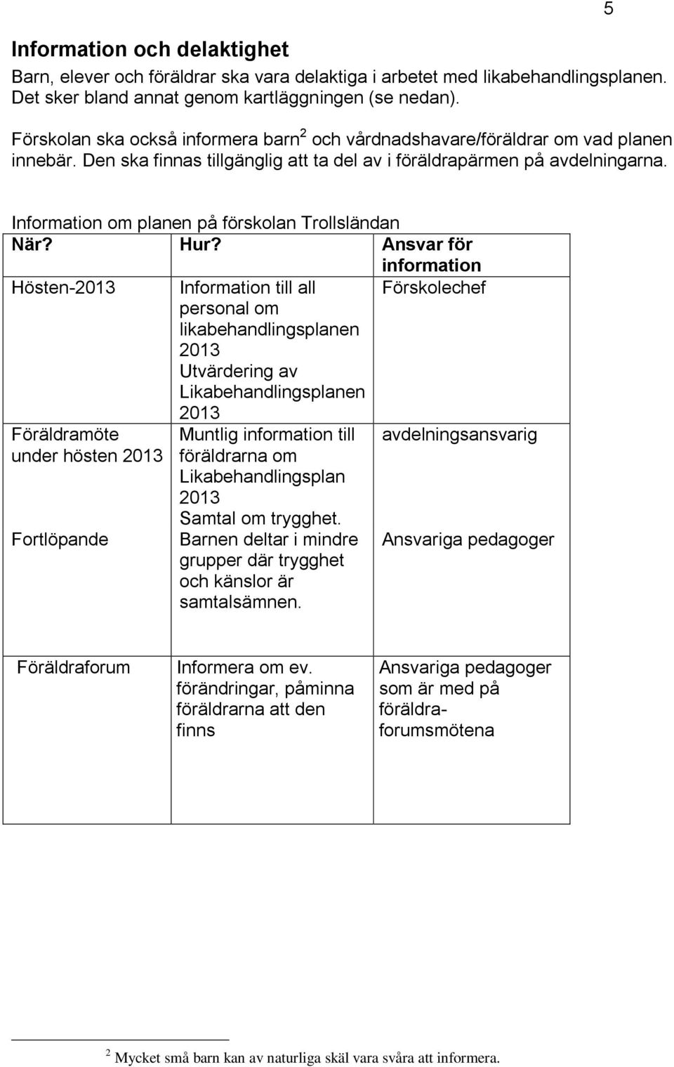 5 Information om planen på förskolan Trollsländan När? Hur?