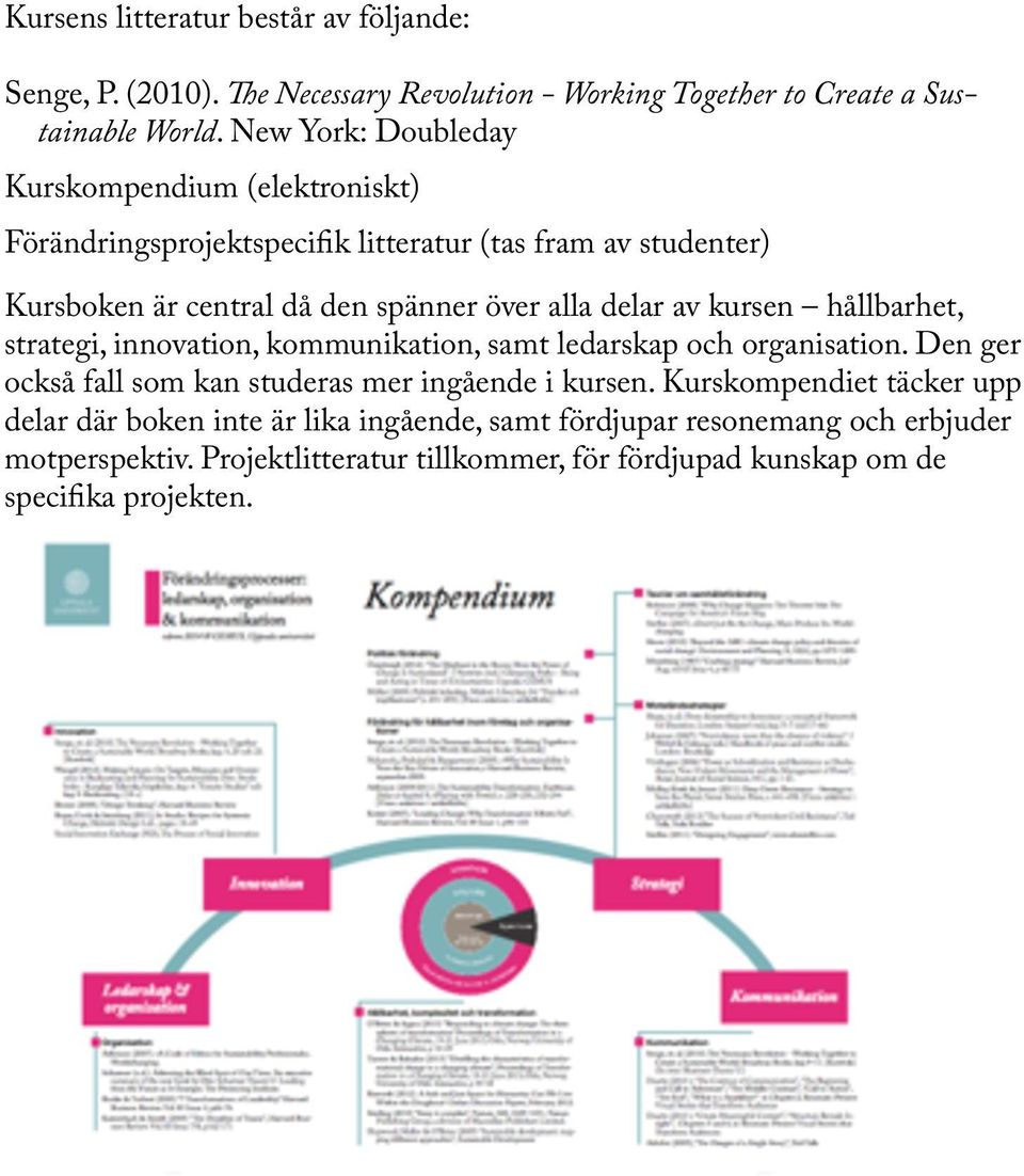 delar av kursen hållbarhet, strategi, innovation, kommunikation, samt ledarskap och organisation. Den ger också fall som kan studeras mer ingående i kursen.