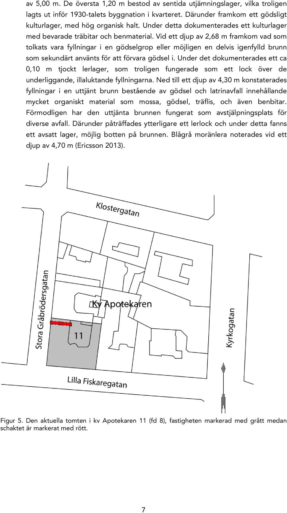 Vid ett djup av 2,68 m framkom vad som tolkats vara fyllningar i en gödselgrop eller möjligen en delvis igenfylld brunn som sekundärt använts för att förvara gödsel i.