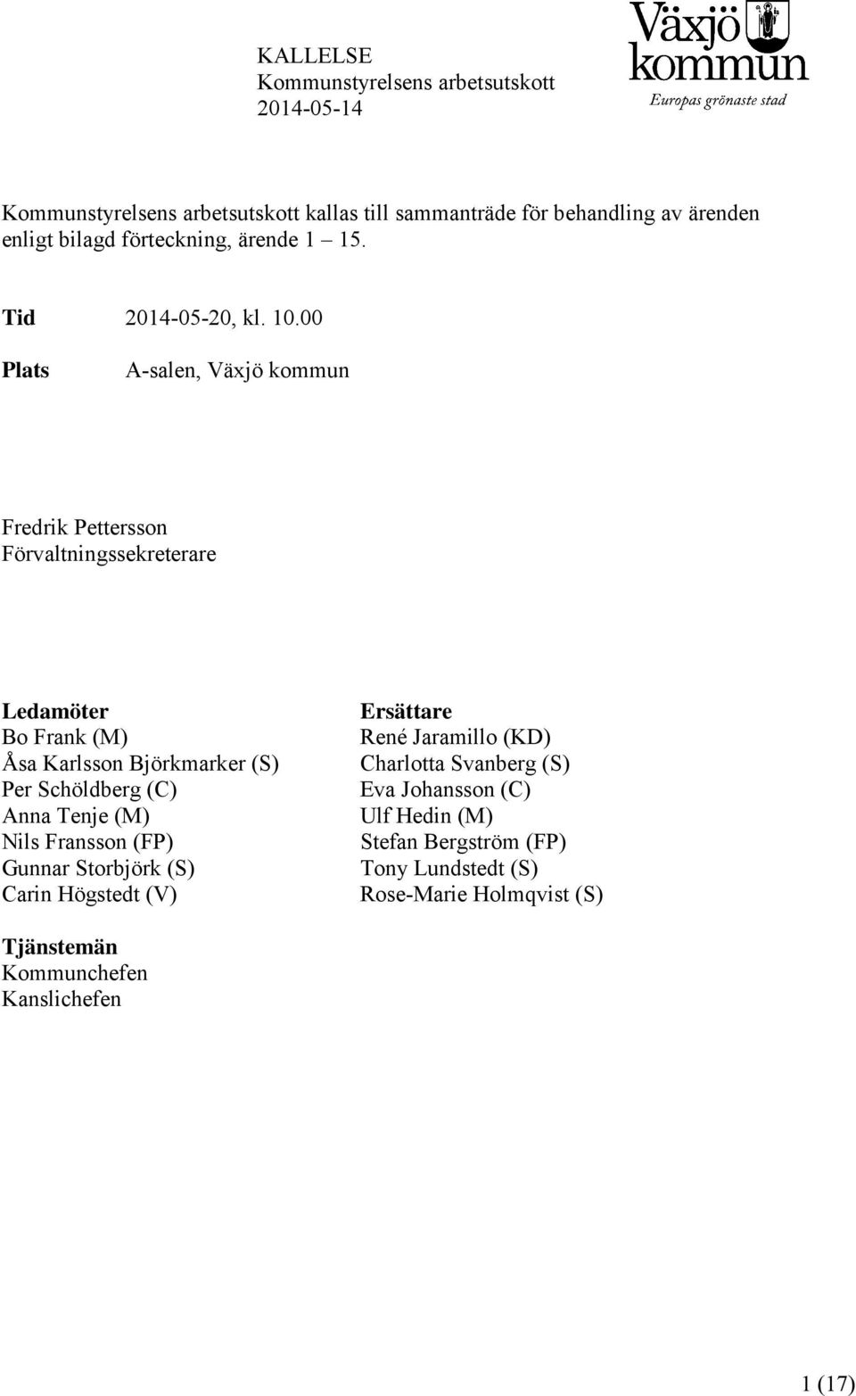 00 Plats A-salen, Växjö kommun Fredrik Pettersson Förvaltningssekreterare Ledamöter Bo Frank (M) Åsa Karlsson Björkmarker (S) Per Schöldberg (C) Anna