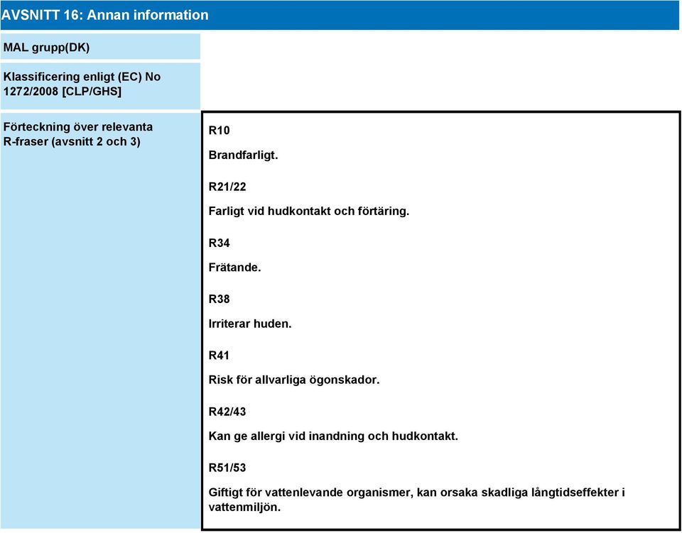 R34 Frätande. R38 Irriterar huden. R41 Risk för allvarliga ögonskador.