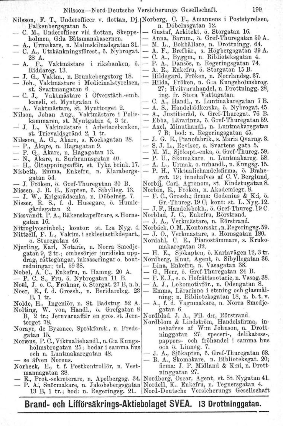 , Bokhållare, n. Drottningg. 64. C. A., Utskänkningsförest., ö. Nybrogat. - A. F., Brefbär., s. Högbergsgatan 39 A. 28 A. - C. A., Byggm., n. Biblioteksgatan 4. - A. F., Vaktmästare i riksbanken, ö.