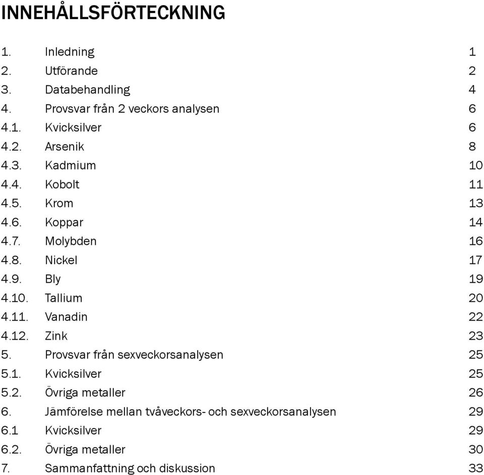 11. Vanadin 22 4.12. Zink 23 5. Provsvar från sexveckorsanalysen 25 5.1. Kvicksilver 25 5.2. Övriga metaller 26 6.