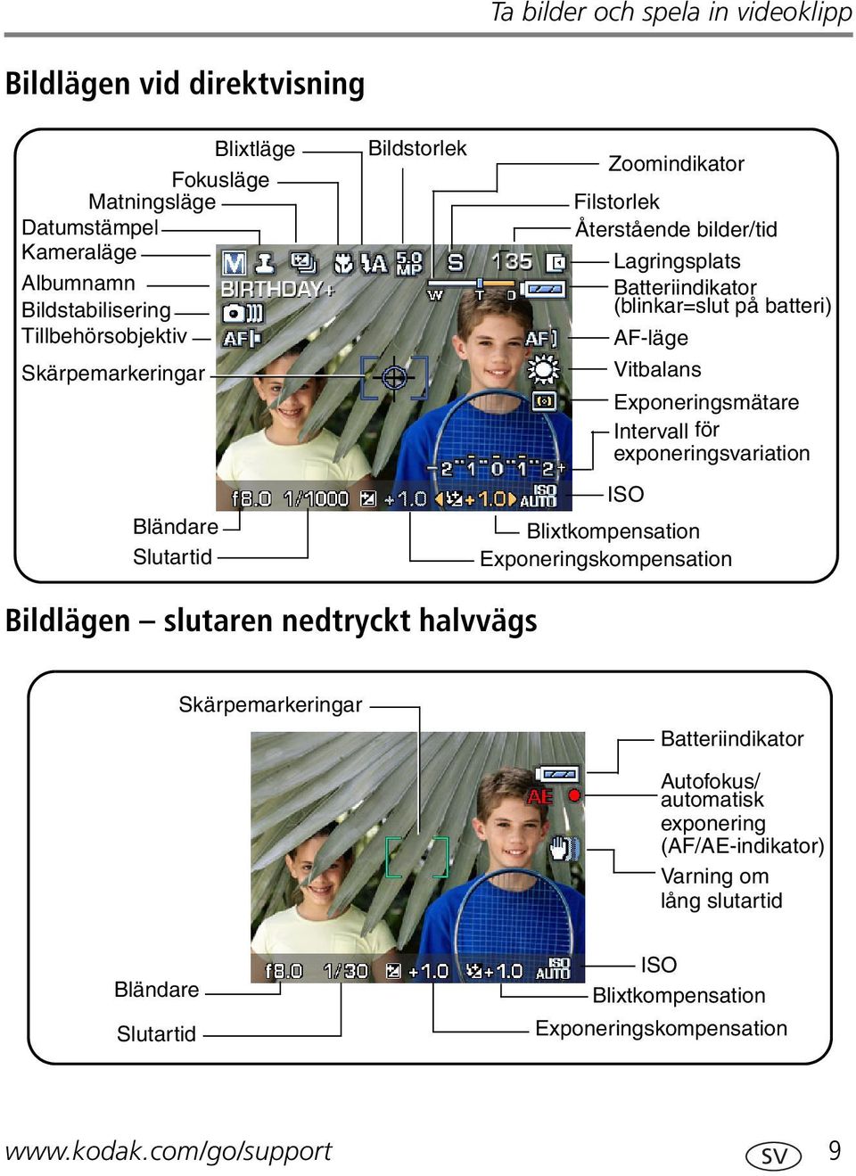 Vitbalans Exponeringsmätare Intervall för exponeringsvariation ISO Blixtkompensation Exponeringskompensation Bildlägen slutaren nedtryckt halvvägs Skärpemarkeringar