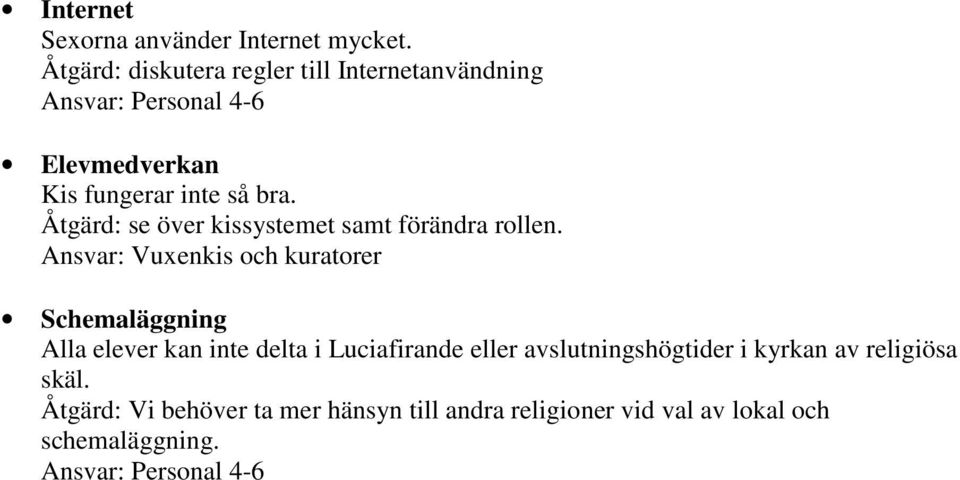 Åtgärd: se över kissystemet samt förändra rollen.