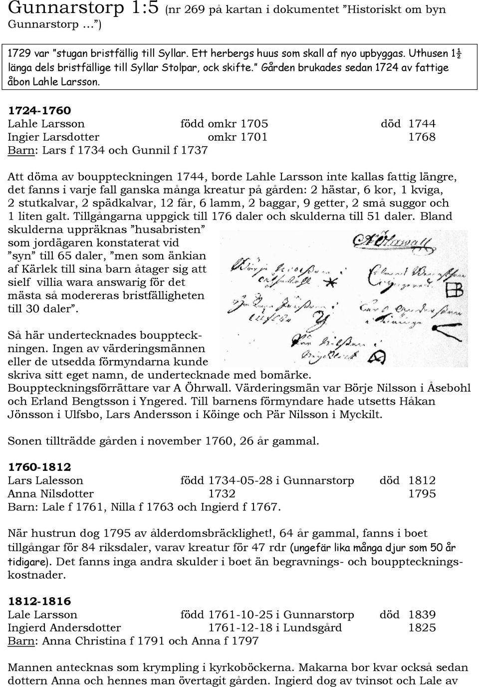 1724-1760 Lahle Larsson född omkr 1705 död 1744 Ingier Larsdotter omkr 1701 1768 Barn: Lars f 1734 och Gunnil f 1737 Att döma av bouppteckningen 1744, borde Lahle Larsson inte kallas fattig längre,