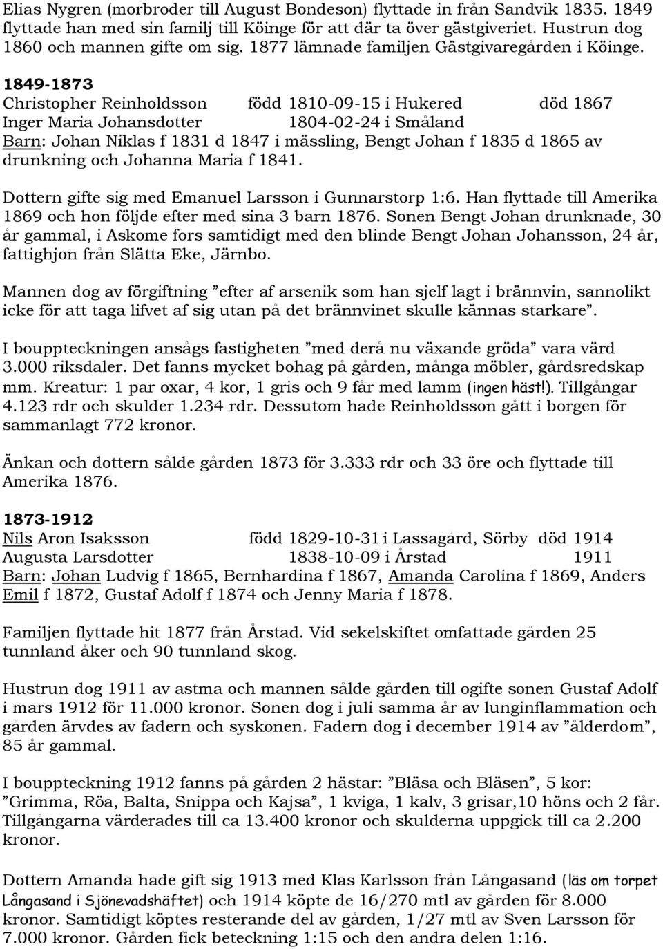 1849-1873 Christopher Reinholdsson född 1810-09-15 i Hukered död 1867 Inger Maria Johansdotter 1804-02-24 i Småland Barn: Johan Niklas f 1831 d 1847 i mässling, Bengt Johan f 1835 d 1865 av drunkning