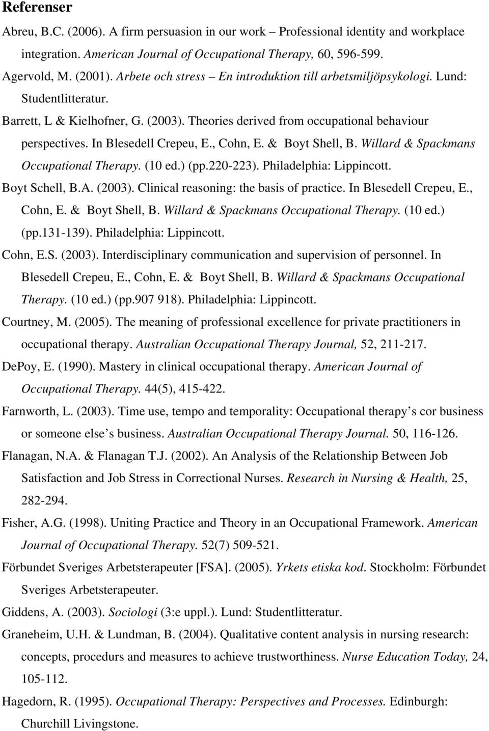 In Blesedell Crepeu, E., Cohn, E. & Boyt Shell, B. Willard & Spackmans Occupational Therapy. (10 ed.) (pp.220-223). Philadelphia: Lippincott. Boyt Schell, B.A. (2003).