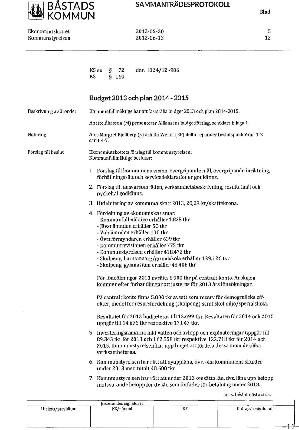 Anette Åkesson (M) presenterar Alliansens budgetförslag, se vidare bilaga 1. Notering Förslag till beslut Ann-Margret Kjellberg (S) och Bo Wendt (BP) deltar ej under beslutspunkterna 1-2 samt4 7.