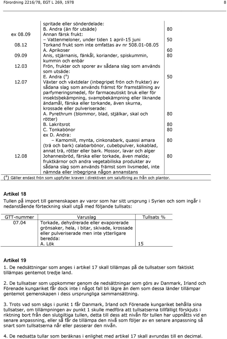 03 Frön, frukter och sporer av sådana slag som används som utsäde: E. Andra ( a ) 50 12.