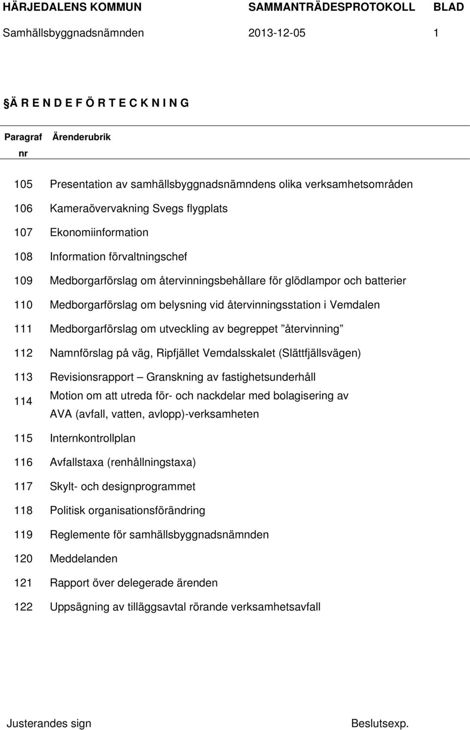 i Vemdalen 111 Medborgarförslag om utveckling av begreppet återvinning 112 Namnförslag på väg, Ripfjället Vemdalsskalet (Slättfjällsvägen) 113 Revisionsrapport Granskning av fastighetsunderhåll 114