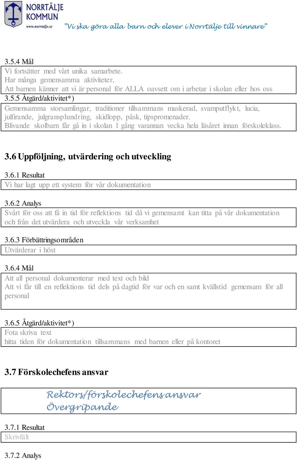 6.2 Analys Svårt för oss att få in tid för reflektions tid då vi gemensamt kan titta på vår dokumentation och från det utvärdera och utveckla vår verksamhet 3.6.3 Förbättringsområden 3.6.4 Mål Att all personal dokumenterar med text och bild Att vi får till en reflektions tid dels på dagtid för var och en samt kvällstid gemensam för all personal 3.