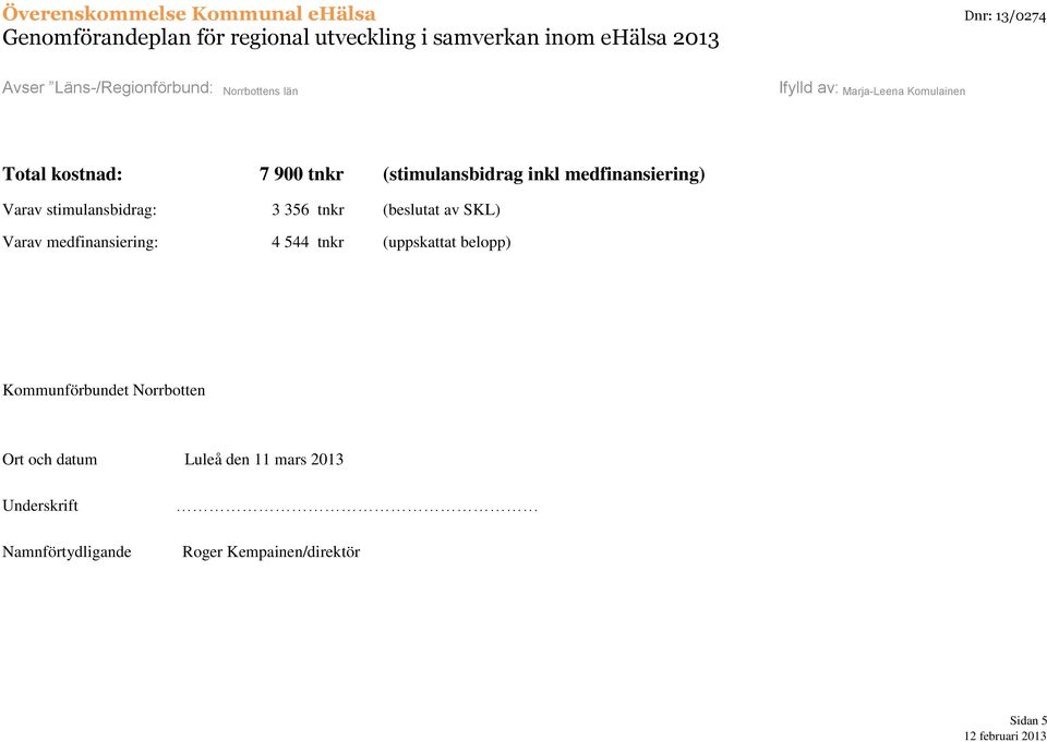 tnkr (uppskattat belopp) Kommunförbundet Norrbotten Ort och datum Luleå