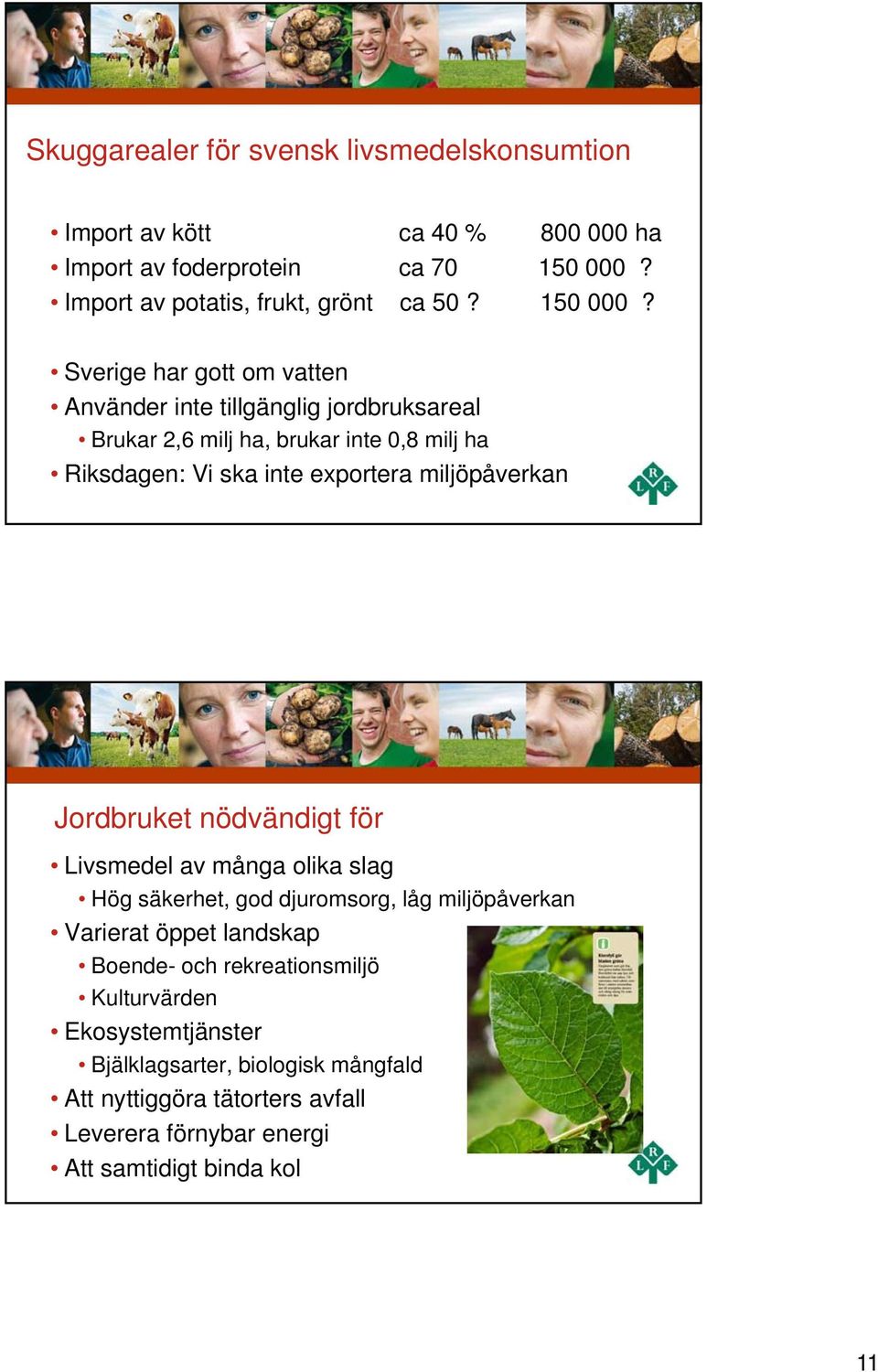 Sverige har gott om vatten Använder inte tillgänglig jordbruksareal Brukar 2,6 milj ha, brukar inte 0,8 milj ha Riksdagen: Vi ska inte exportera