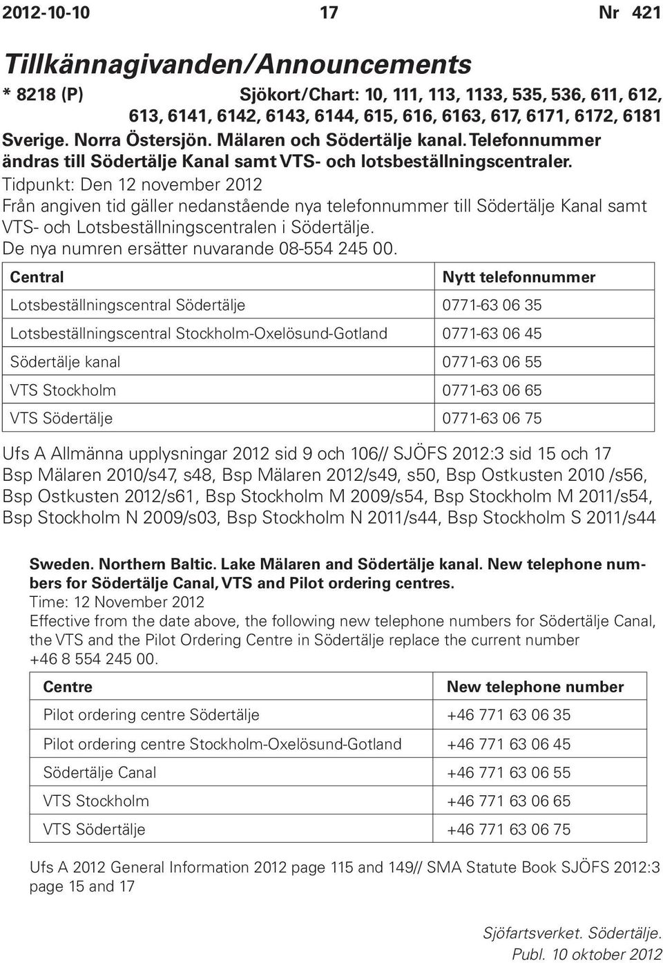 Tidpunkt: Den 12 november 2012 Från angiven tid gäller nedanstående nya telefonnummer till Södertälje Kanal samt VTS- och Lotsbeställningscentralen i Södertälje.
