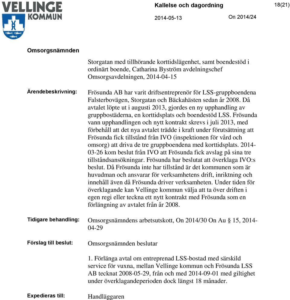 Då avtalet löpte ut i augusti 2013, gjordes en ny upphandling av gruppbostäderna, en korttidsplats och boendestöd LSS.