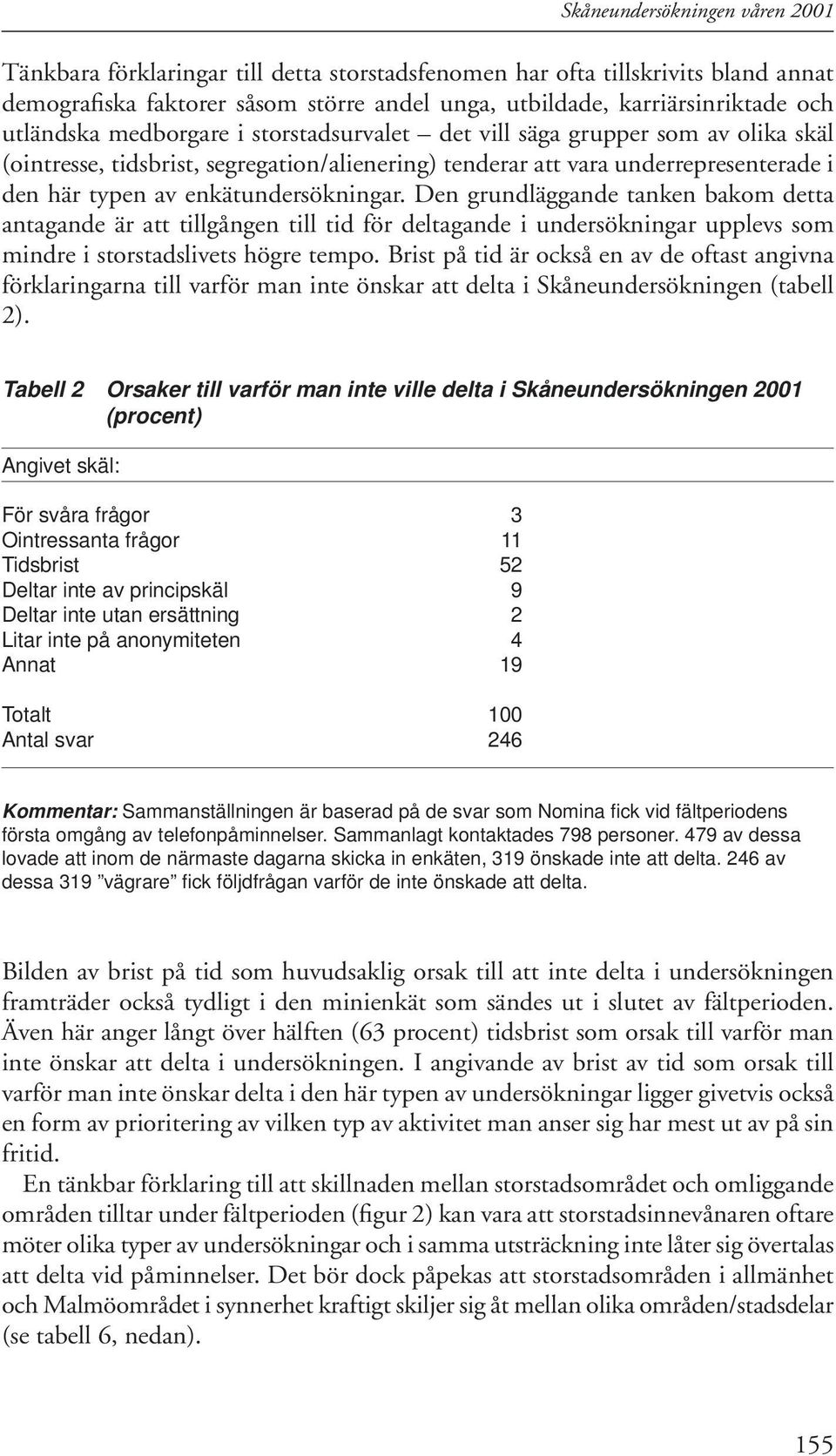 enkätundersökningar. Den grundläggande tanken bakom detta antagande är att tillgången till tid för deltagande i undersökningar upplevs som mindre i storstadslivets högre tempo.